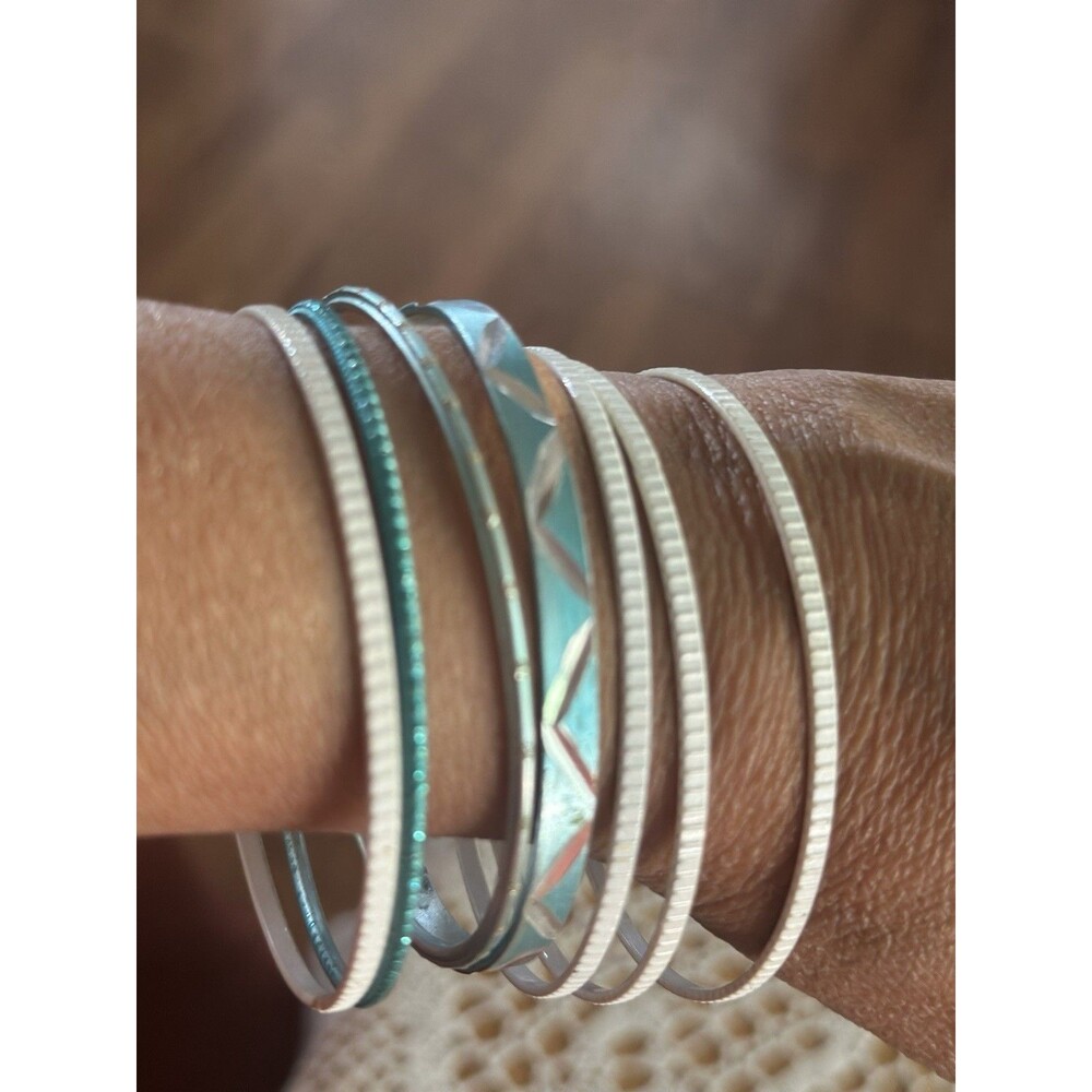 Boho Bangle Bracelet Bundle Teal White Silver Tone 80s Vibe  Lightweight Set